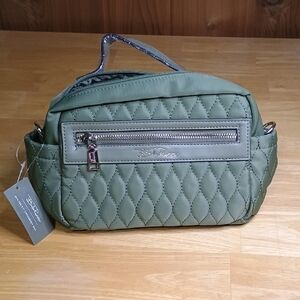 Belle Russo Quilted 8.7in Olive Green Crossbody Bag with Front Zip Pocket